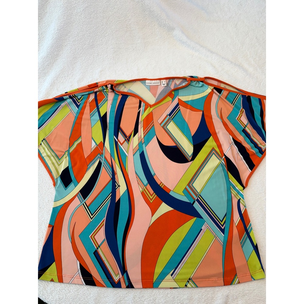 Susan Graver Liquid Knit V-Neck Cold Shoulder Abstract Print Top Orange Blue M
